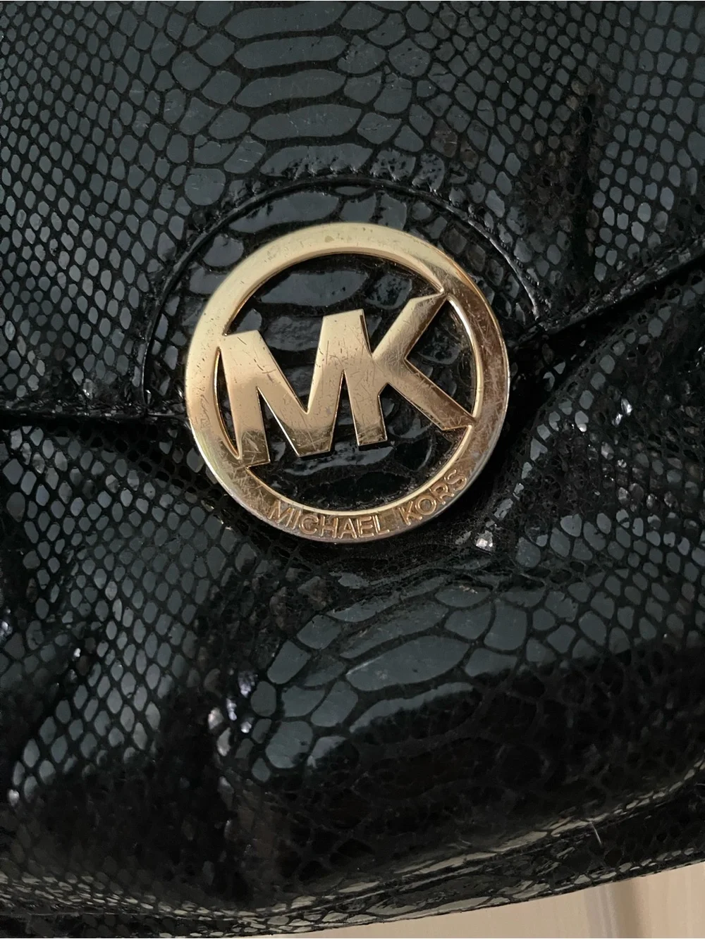 Michael Kors Black Python Embossed Satchel with Gold Hardware